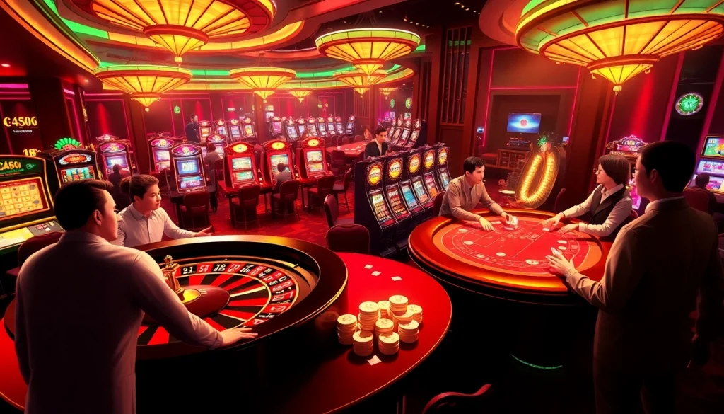 Intense gameplay at nhà cái i9bet with players at a poker table and a spinning roulette wheel in a lavish casino environment.